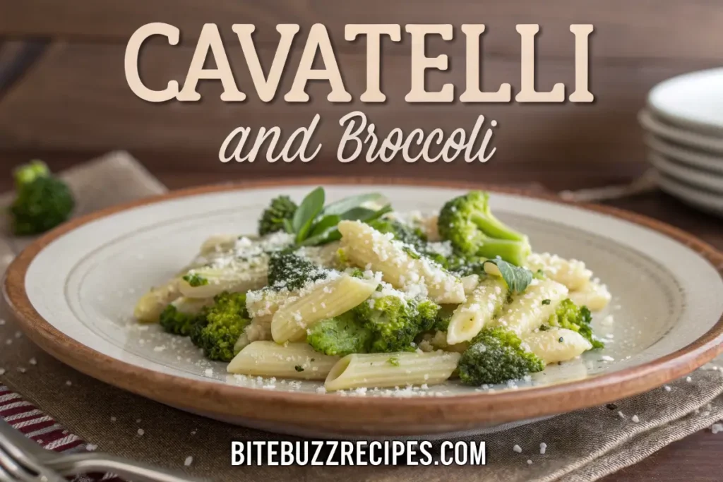 Cavatelli pasta with broccoli, garlic, olive oil, and Parmesan cheese served on a rustic plate.