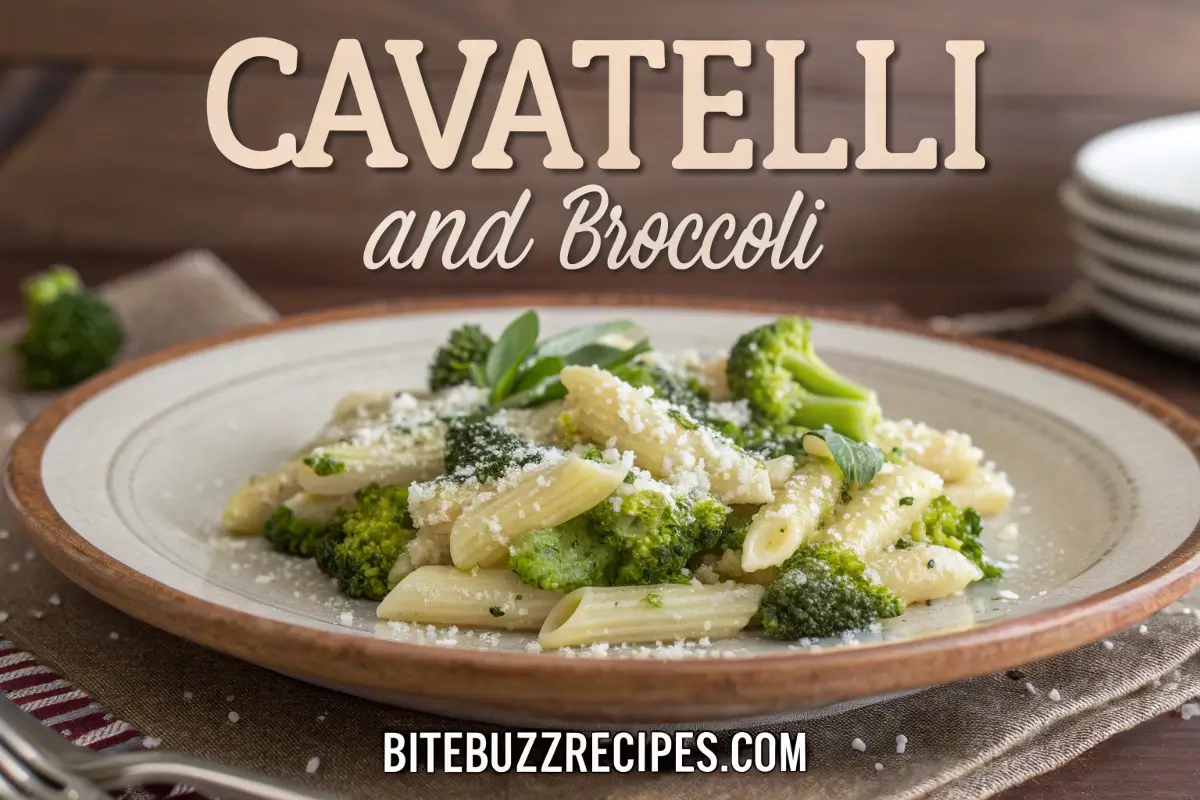 Cavatelli pasta with broccoli, garlic, olive oil, and Parmesan cheese served on a rustic plate.