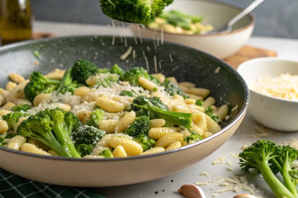Cavatelli and Broccoli Recipe: A Quick and Perfect 30-Minute Dinner Meal 3 Close-up of Cavatelli and broccoli, garlic, olive oil, and Parmesan cheese.