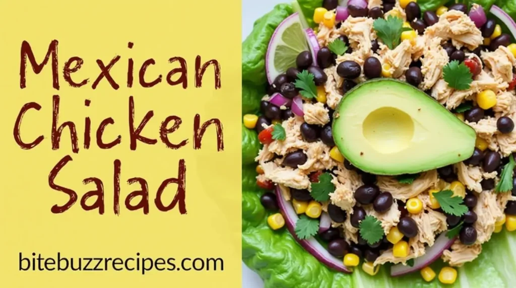 Colorful Mexican chicken salad with shredded chicken, black beans, corn, avocado, and lime, served with romaine lettuce.