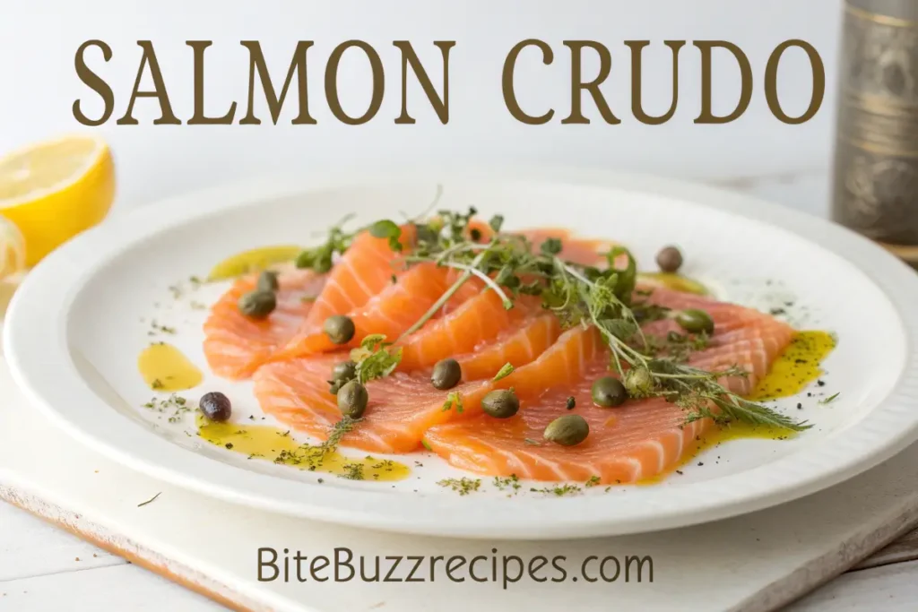 Fresh salmon crudo with olive oil, capers, microgreens, and lemon zest on a white plate.