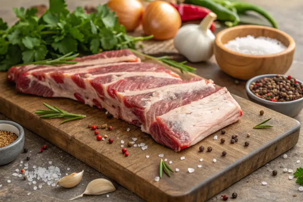 How to Cook The Perfect Beef Back Ribs: Easy Recipes Inside 2 A variety of fresh ingredients for beef back ribs including herbs, garlic, onions, and spices on a wooden cutting board.