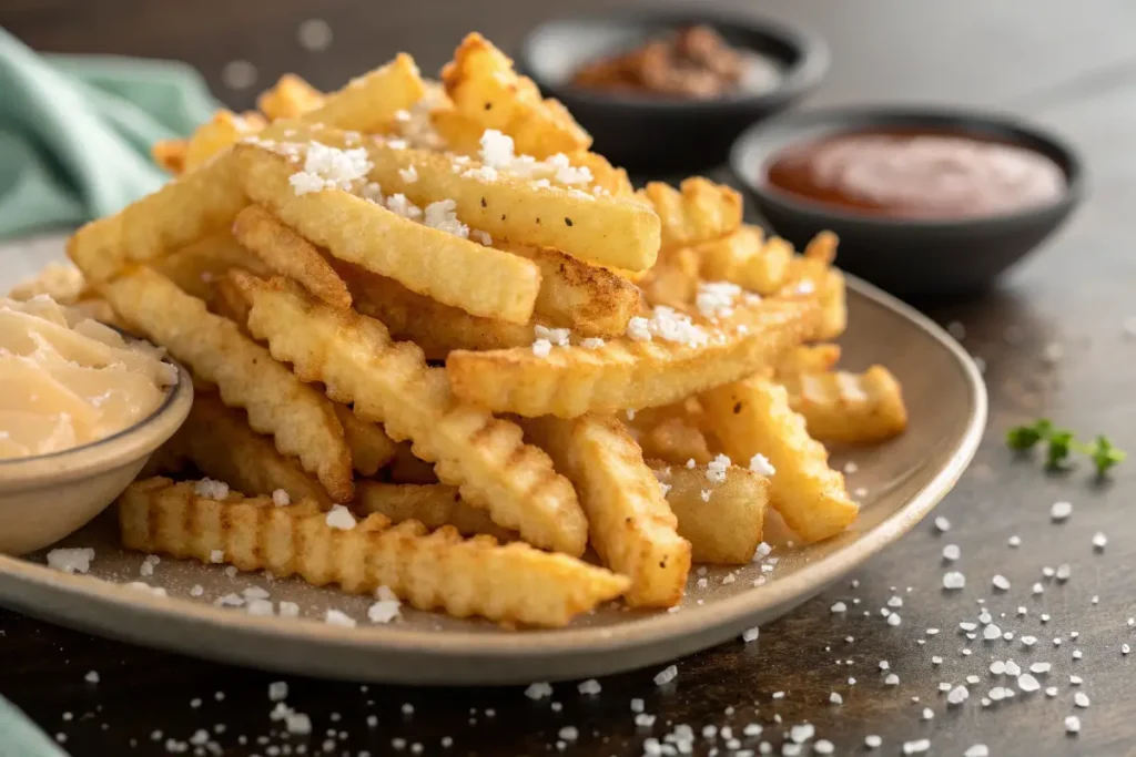 5 Reasons Why Crinkle Cut Fries Are the Best Side Dish Ever 4 Crispy and golden crinkle-cut fries served with dipping sauce.
