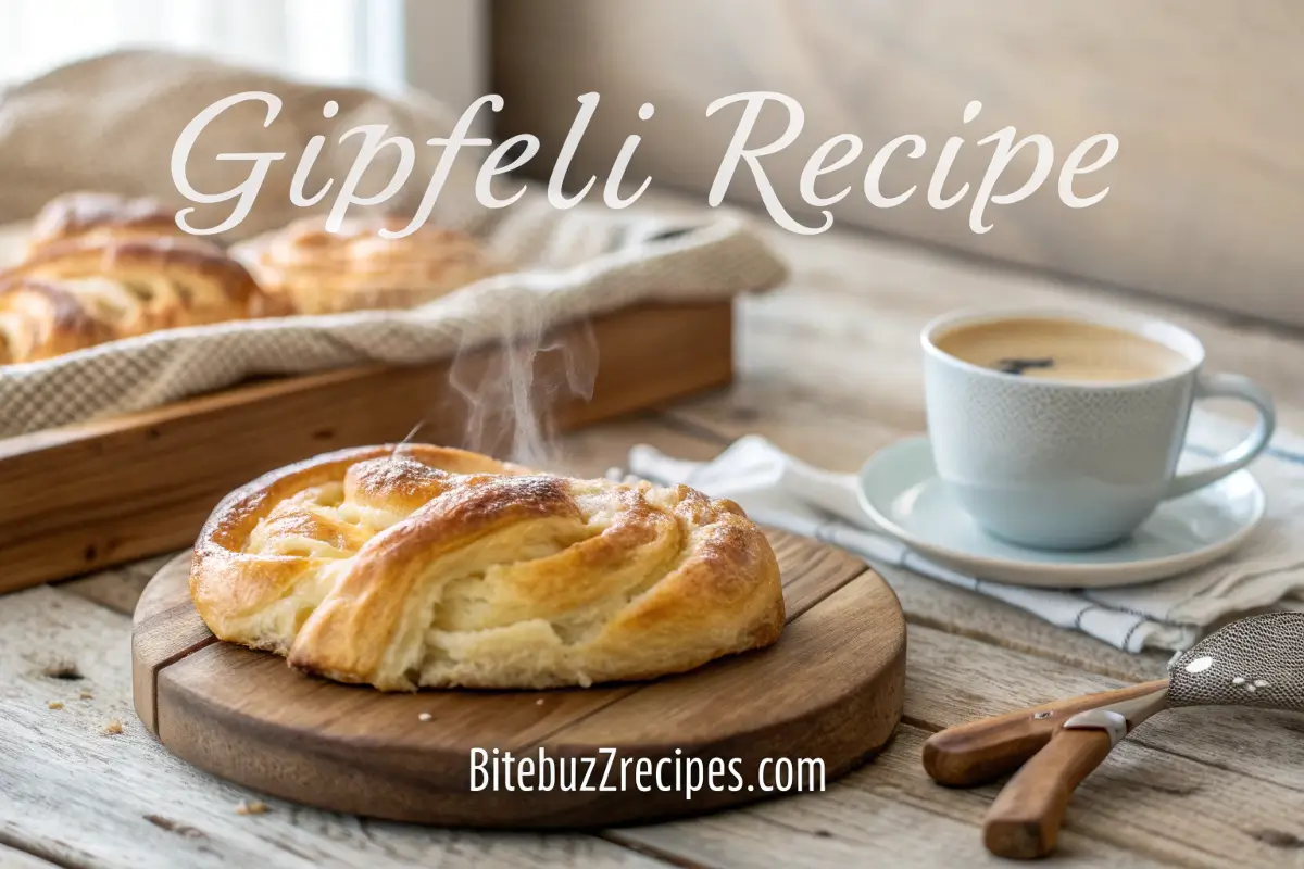 Golden, flaky Swiss Gipfeli pastry with a cup of coffee, showcasing a cozy kitchen atmosphere, with 'Gipfeli recipe' and 'bitebuzzrecipes.com' on the image.