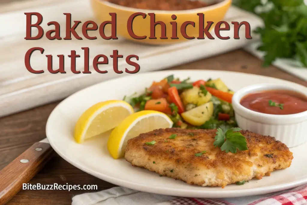 Crispy baked chicken cutlet garnished with parsley and lemon, served on a white plate with a side of roasted vegetables.