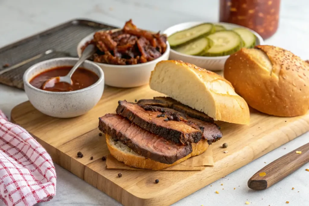 Brisket Sandwich Recipe: 4 Tips and Tricks to Make it Perfect 3 Brisket sandwich preparation with sliced brisket, fresh bread, pickles, and BBQ sauce