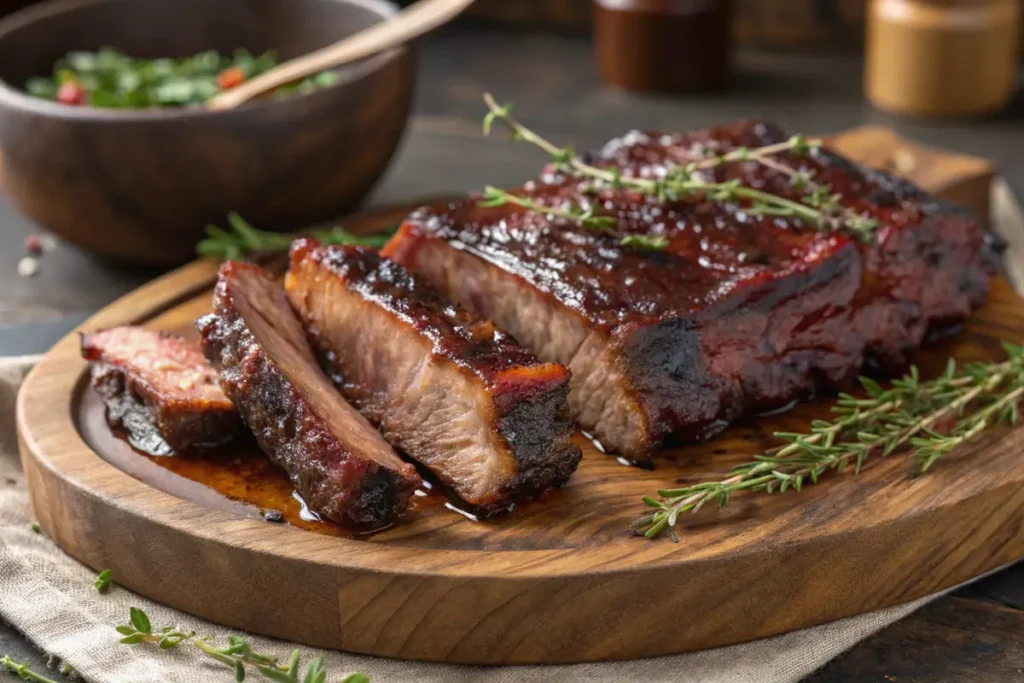 How to Cook The Perfect Beef Back Ribs: Easy Recipes Inside 4 Delicious smoked beef back ribs with a smoky glaze, garnished with herbs on a wooden platter