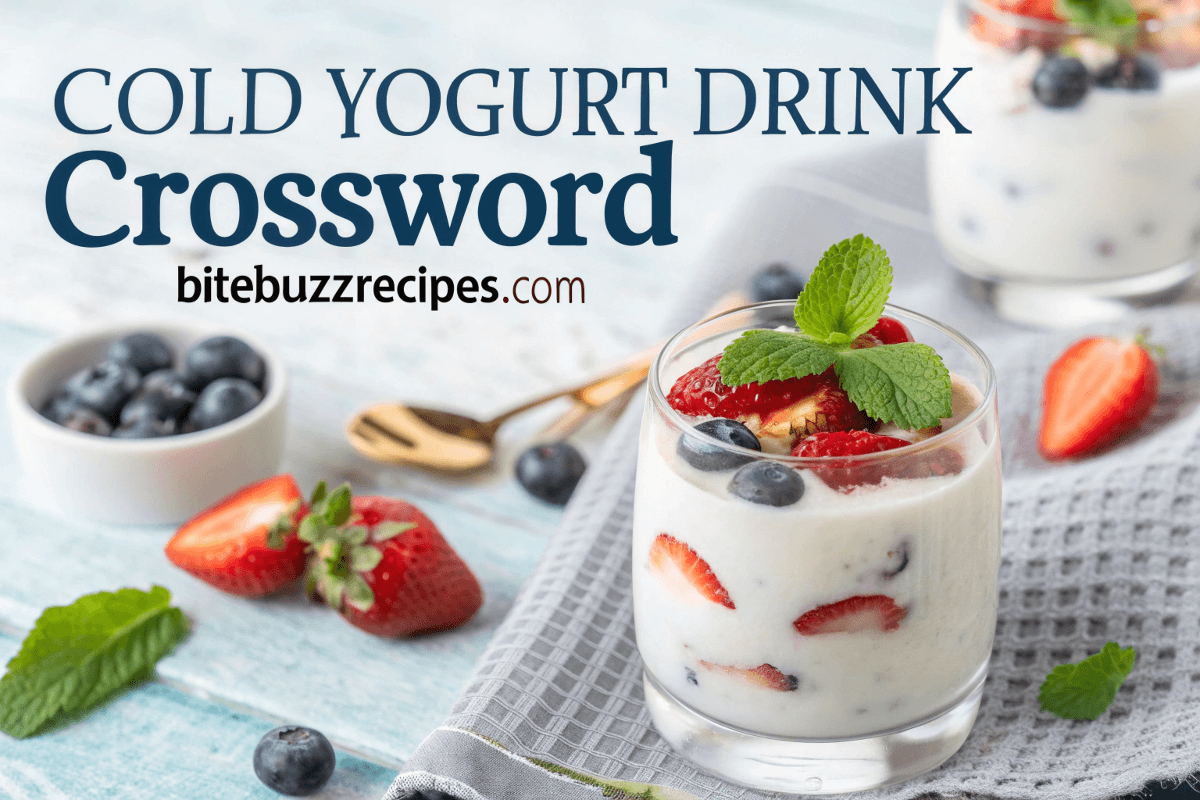 Cold yogurt drink Crossword served with fresh fruit and mint, featuring a crossword puzzle theme overlay.