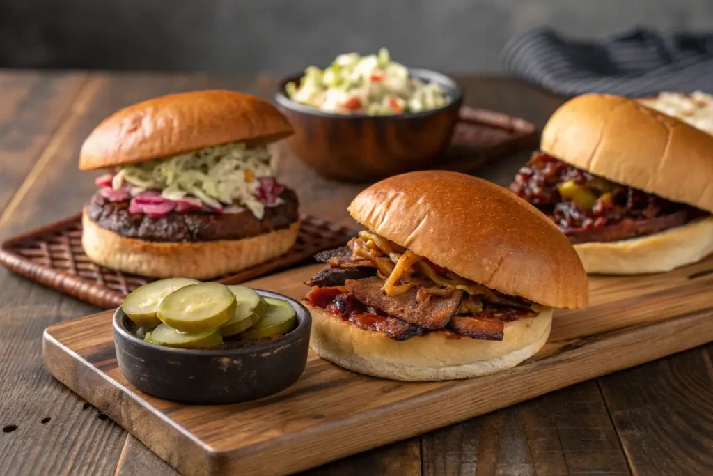 Brisket Sandwich Recipe: 4 Tips and Tricks to Make it Perfect 5 Various brisket sandwich variations with different toppings such as BBQ sauce, pickles, jalapeños, and coleslaw.