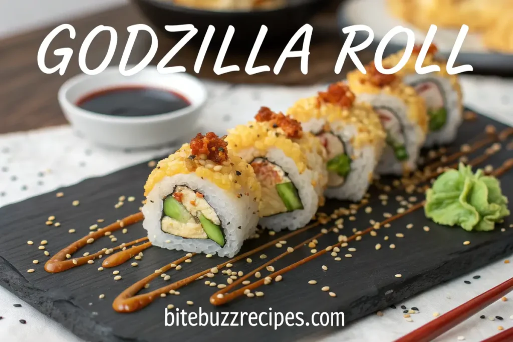 Godzilla Roll Recipe: How to Make the Perfect Sushi Roll 2 Godzilla Roll sushi with tempura shrimp, avocado, spicy mayo, sesame seeds, and green onions on a black slate plate, accompanied by chopsticks and soy sauce.