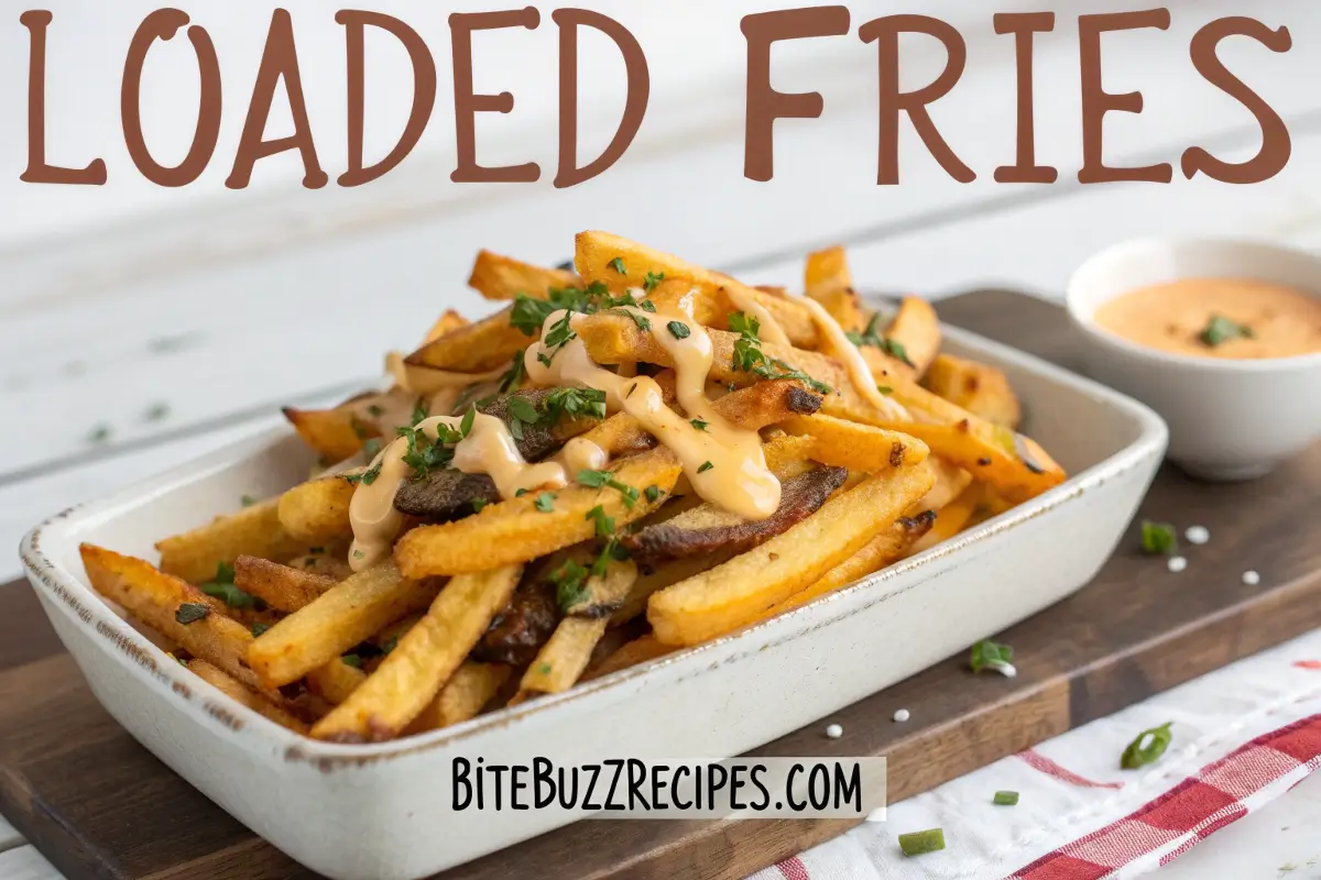 A plate of loaded fries topped with melted cheese, diced tomatoes, green onions, jalapeños, and sour cream on a rustic table.