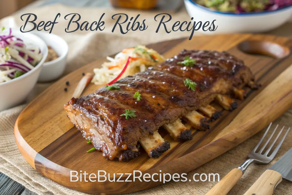 Grilled Beef Back Ribs with BBQ sauce and sides, served on a wooden platter.