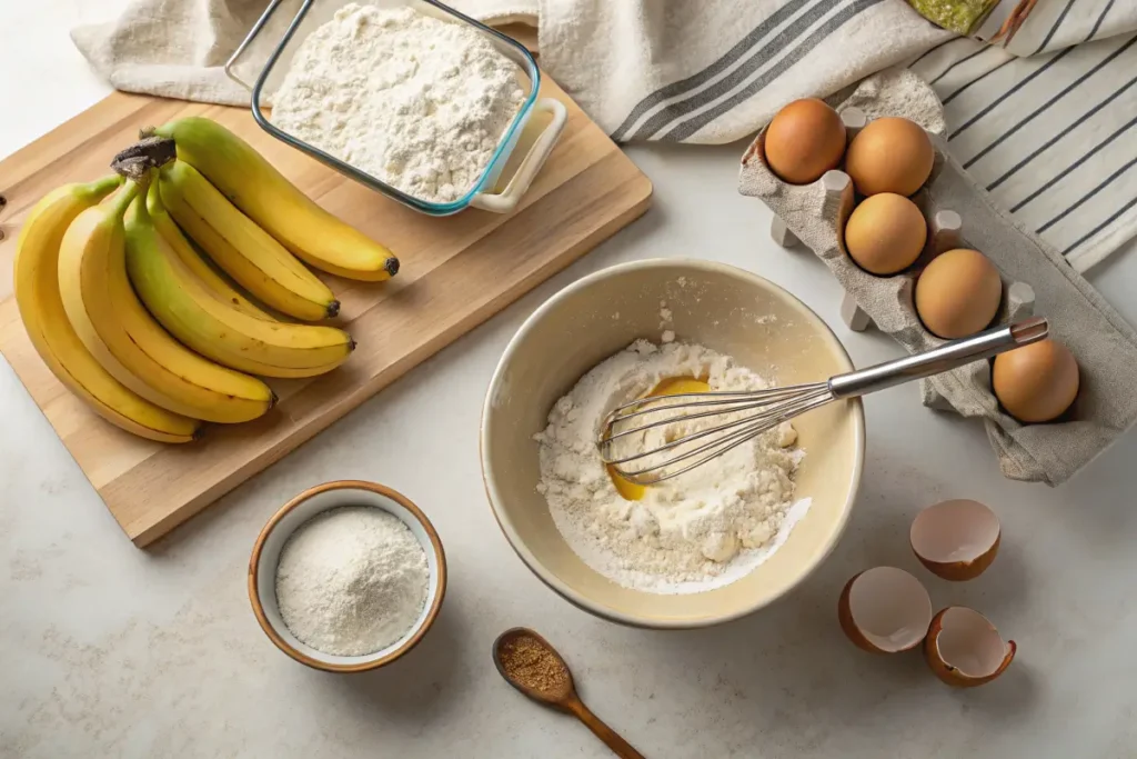 3 Ingredient Banana Bread: The Ultimate Quick and Easy Recipe 3 Ingredients for 3 Ingredient Banana Bread being prepared, with ripe bananas mashed in a bowl and flour and eggs ready for mixing.