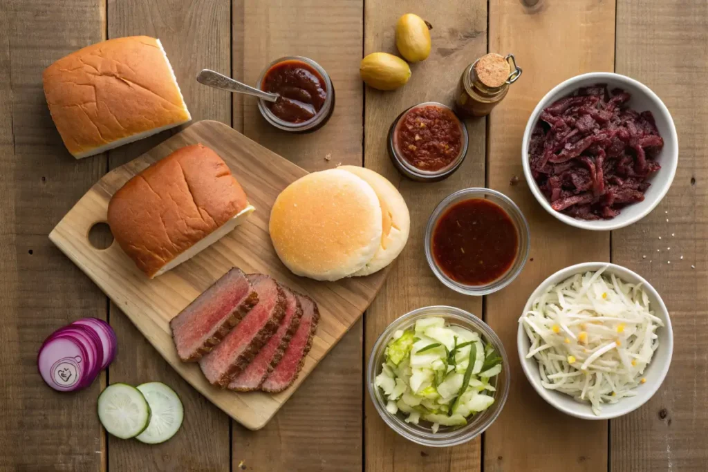 Brisket Sandwich Recipe: 4 Tips and Tricks to Make it Perfect 2 Ingredients for a brisket sandwich including beef brisket, sandwich buns, BBQ sauce, pickles, coleslaw, and onions.