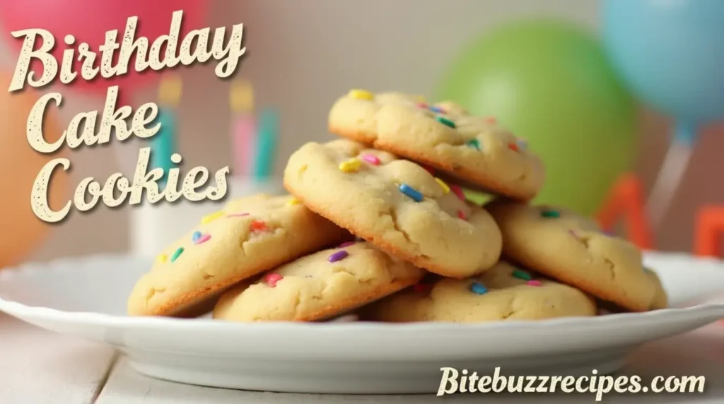 Birthday cake cookies with colorful sprinkles on a white plate, set against a festive birthday-themed background.