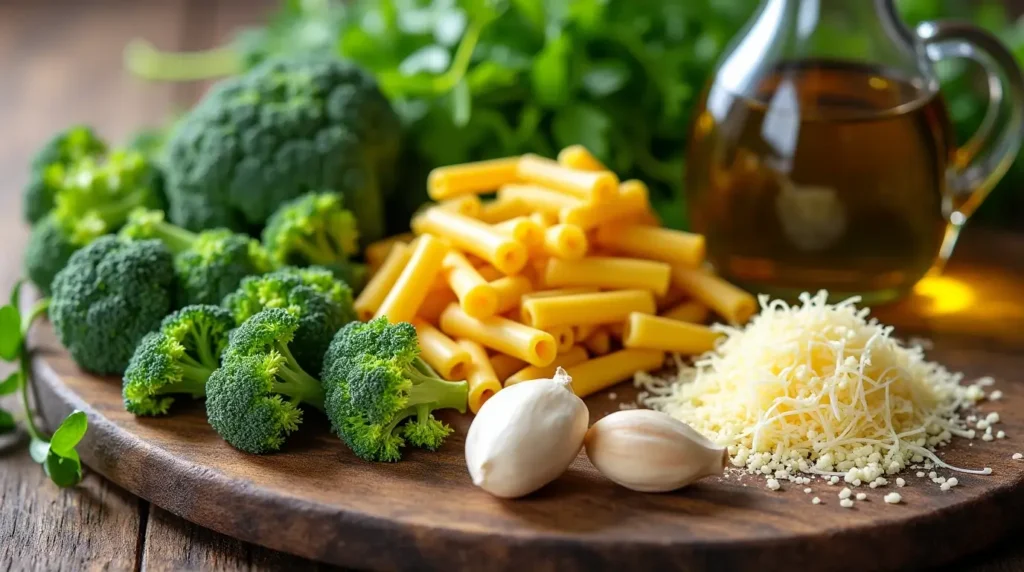 Cavatelli and Broccoli Recipe: A Quick and Perfect 30-Minute Dinner Meal 2 Cavatelli pasta, broccoli, garlic, olive oil, and Parmesan cheese ready for a homemade recipe.