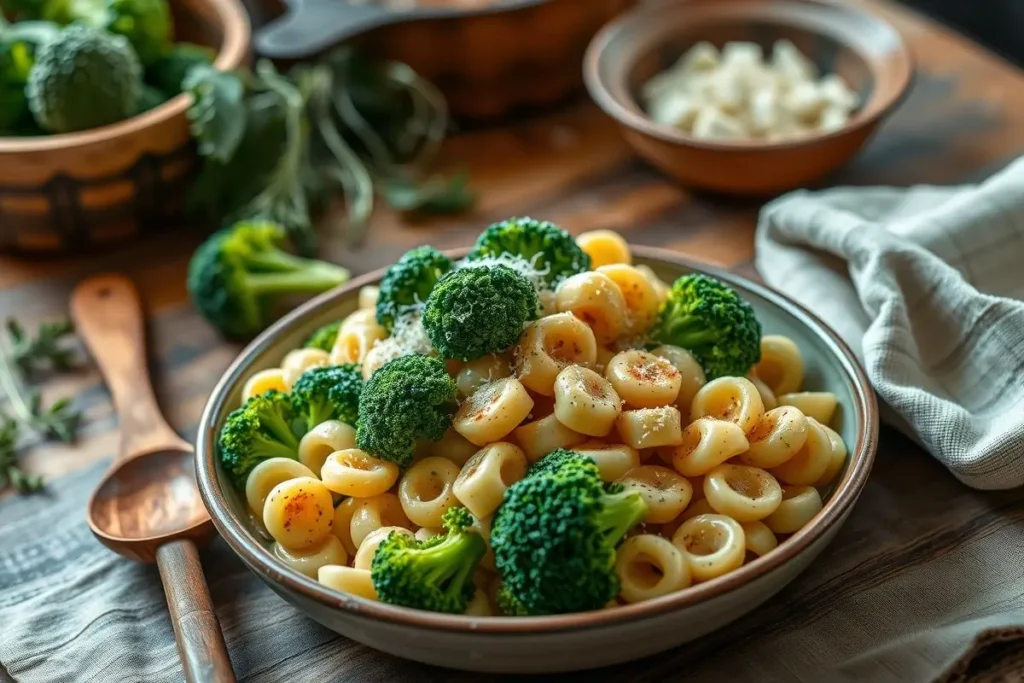 Cavatelli and Broccoli Recipe: A Quick and Perfect 30-Minute Dinner Meal 4 A hyper-realistic photo of a cavatelli and broccoli dish, served with a creamy sauce and parmesan cheese, on a rustic table setting.