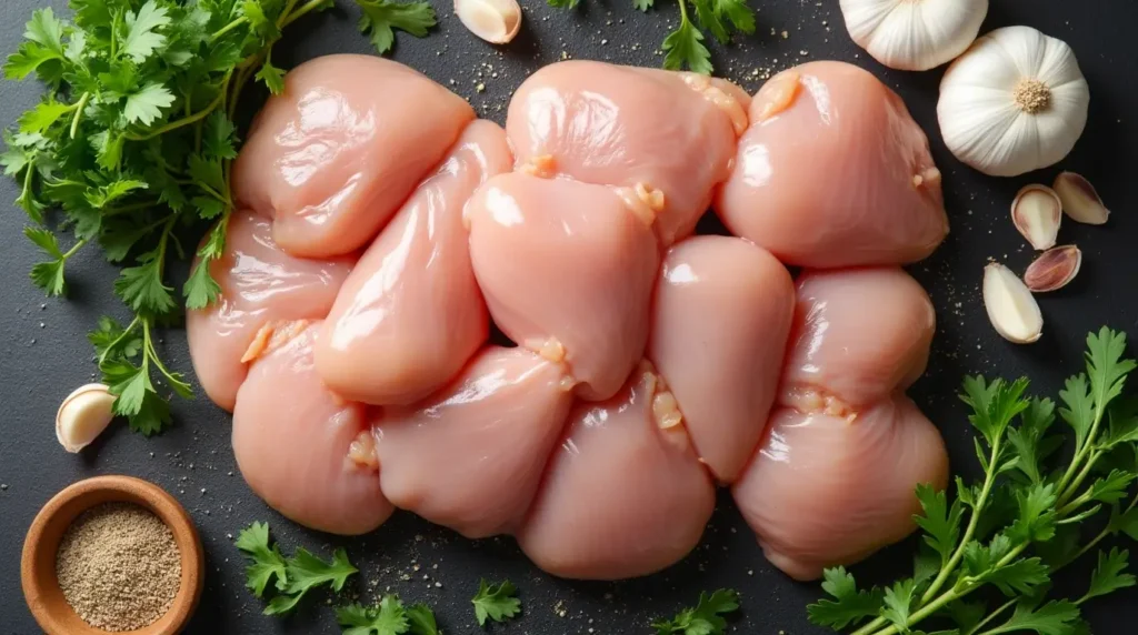 Chicken Hearts: 5 Easy Steps to Prepare the Best Recipe for a Tasty Dinner 2 Raw chicken hearts with garlic, fresh herbs, and seasonings ready for cooking