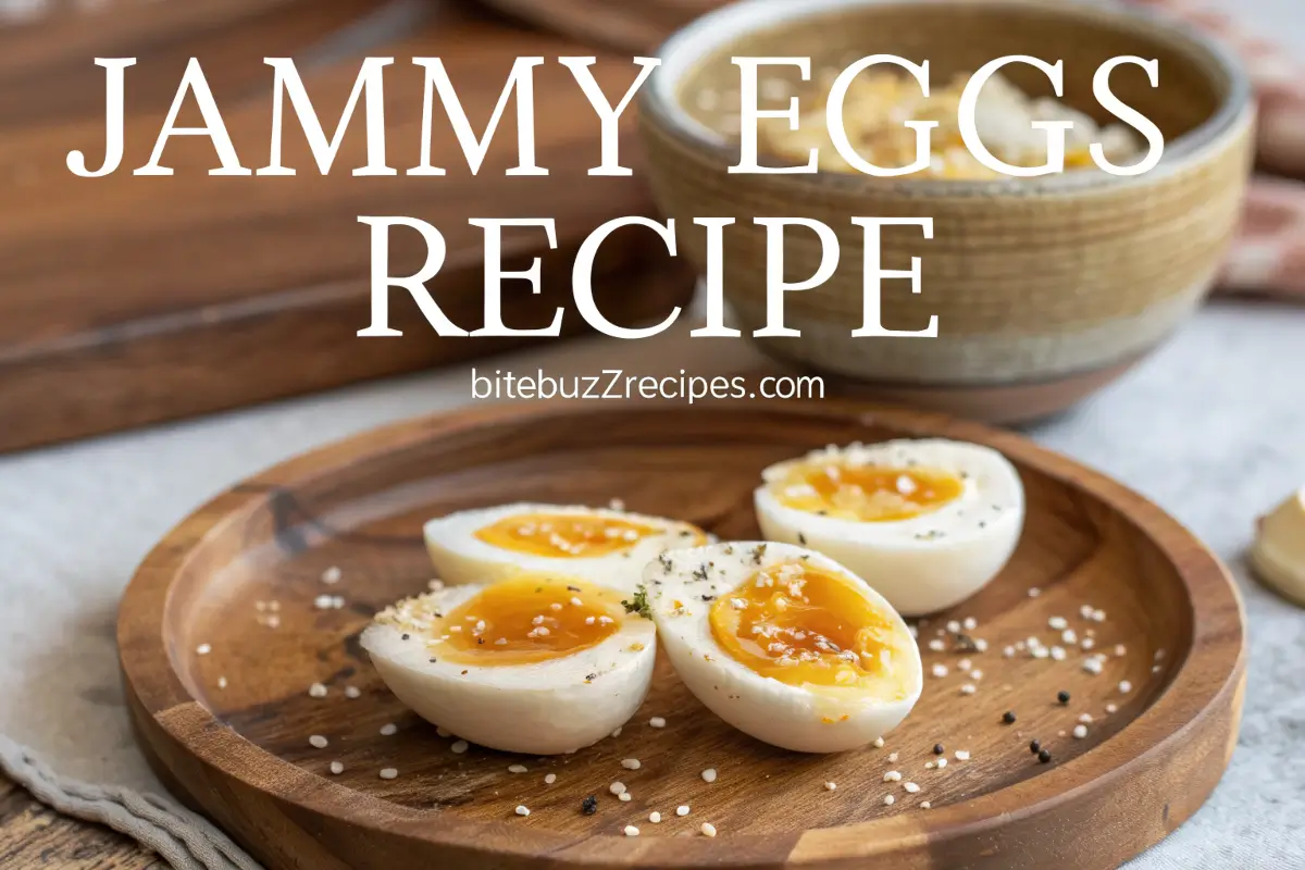 Halved jammy eggs with creamy yolks on a wooden plate, garnished with fresh herbs and sea salt.
