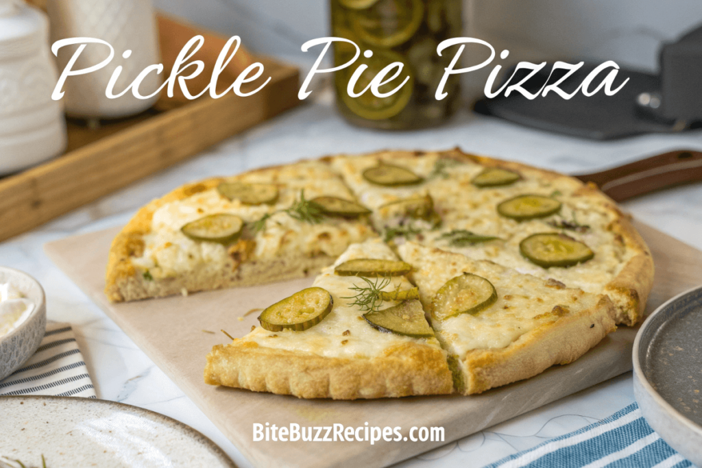 Delicious homemade pickle pie pizza with melted cheese and crispy dill pickles, served on a rustic wooden table.
