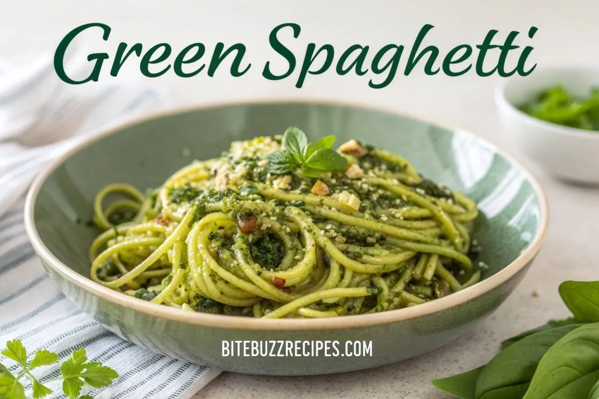 Delicious green spaghetti garnished with fresh herbs, served in a stylish bowl.