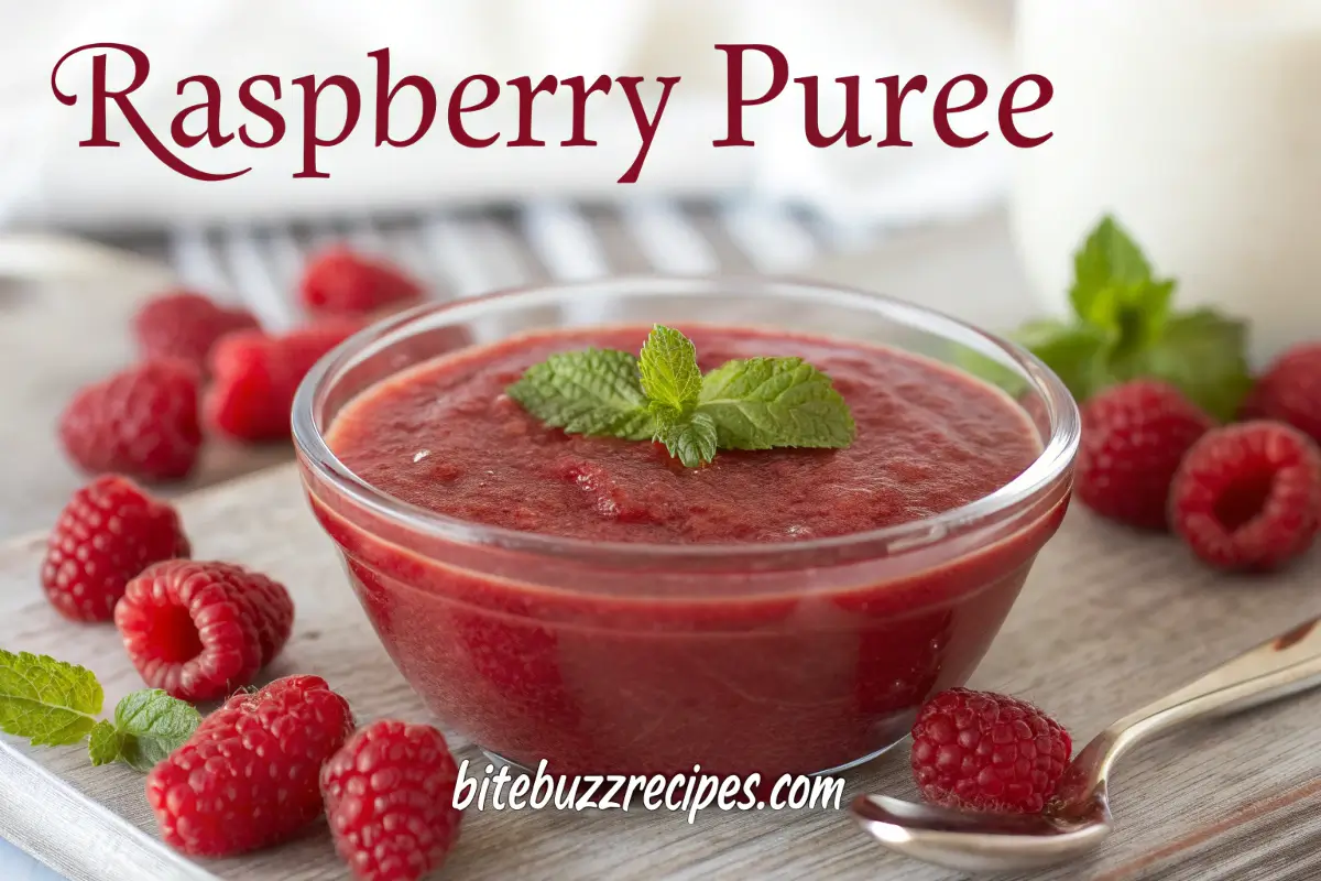 How to Make the Perfect Raspberry Puree with This Easy Recipe 1 Delicious raspberry puree in a glass bowl, garnished with fresh raspberries and mint leaves.