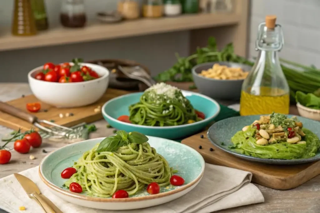 10 Amazing Green Spaghetti Recipes You Need to Try Today 4 A colorful assortment of creative green spaghetti dishes, including pesto spaghetti, avocado sauce spaghetti, and spinach-infused pasta, garnished with cherry tomatoes and fresh herbs, set in a rustic kitchen.