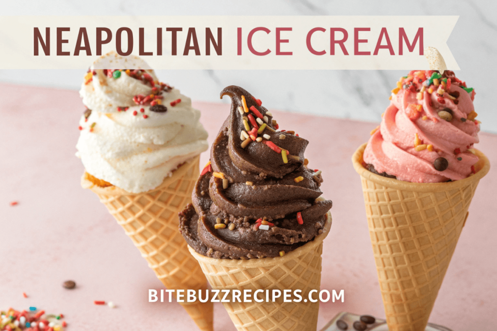 A delicious Neapolitan ice cream cone with chocolate, vanilla, and strawberry layers, garnished with strawberries and chocolate shavings