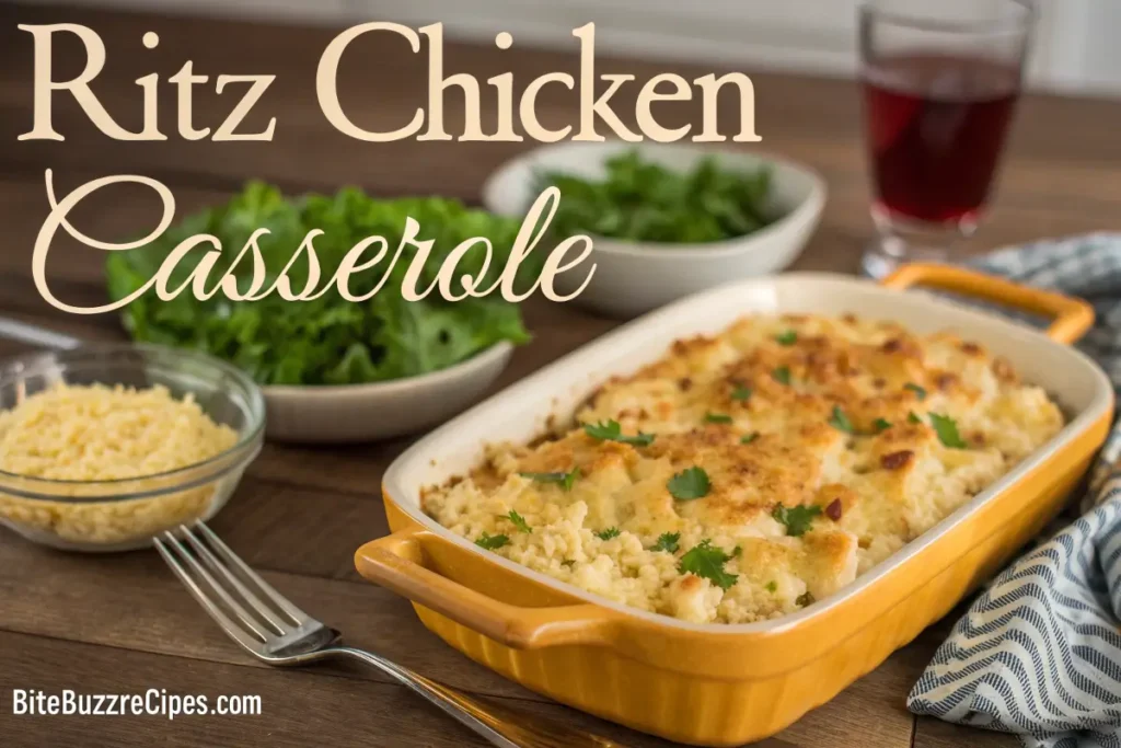 5 Reasons Why Ritz Chicken Casserole Recipe Is Perfect for Dinner 4 A golden, bubbly Ritz Chicken Casserole topped with crispy Ritz crackers, garnished with parsley, served in a rustic kitchen setting.