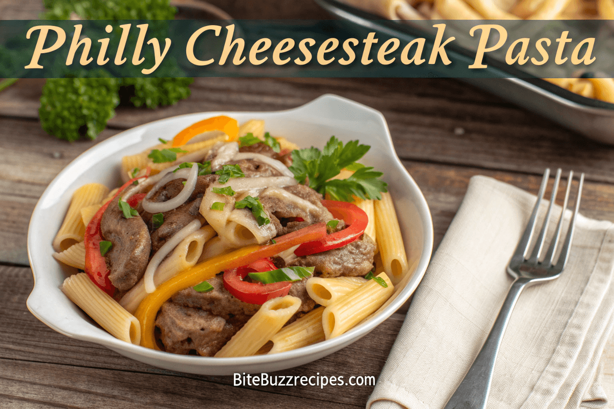 A bowl of Philly Cheesesteak Pasta featuring creamy pasta, tender steak slices, sautéed vegetables, and garnished with fresh parsley, set on a rustic wooden table.
