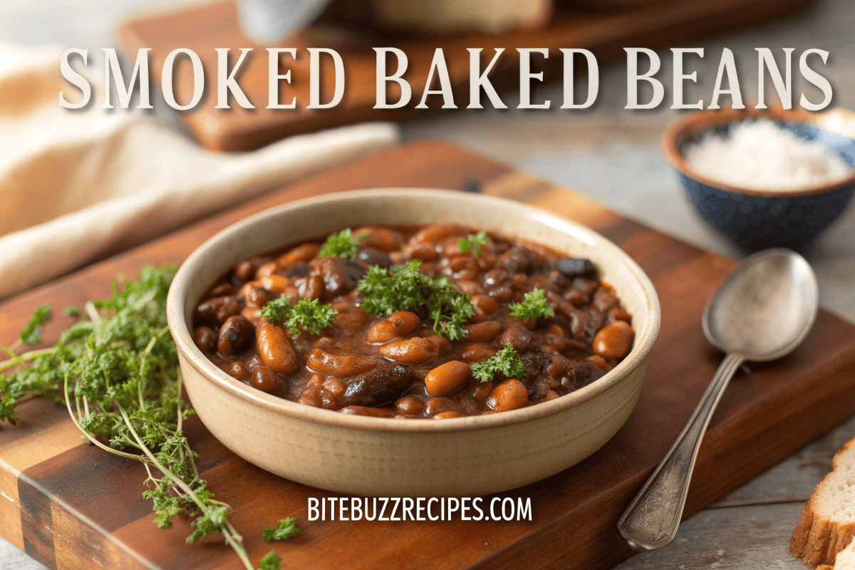 Why Smoked Baked Beans Are the Ultimate Recipe You’ll Love 1 A bowl of smoked baked beans served on a rustic wooden table, garnished with fresh parsley and surrounded by a cozy, warm ambiance.