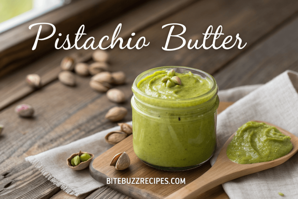 5 Reasons Why Pistachio Butter Should Be Your New Favorite Spread 1 A jar of creamy pistachio butter surrounded by pistachios on a wooden table with the text "Pistachio Butter" at the top and "bitebuzzrecipes.com" at the bottom.