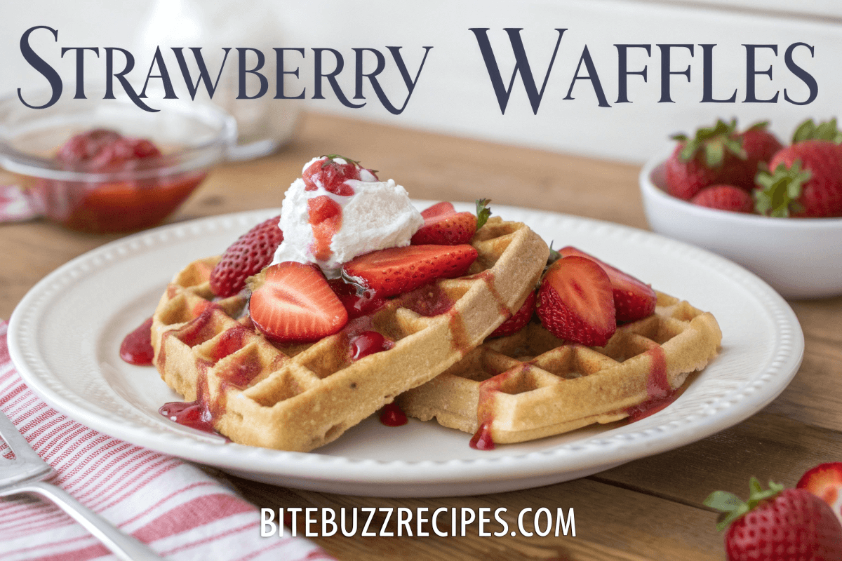 Plate of golden-brown Strawberry Waffles topped with fresh strawberries, strawberry syrup, and whipped cream, with the title 'Strawberry Waffles' and 'bitebuzzrecipes.com' at the bottom.
