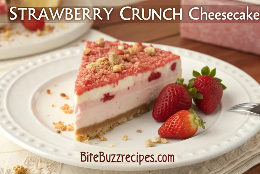 How to Make the Perfect Strawberry Crunch Cheesecake with This Easy Recipe 1 A close-up shot of a Strawberry Crunch Cheesecake with a golden crumble topping and fresh strawberries, with the title "Strawberry Crunch Cheesecake" at the top and "bitebuzzrecipes.com" at the bottom.