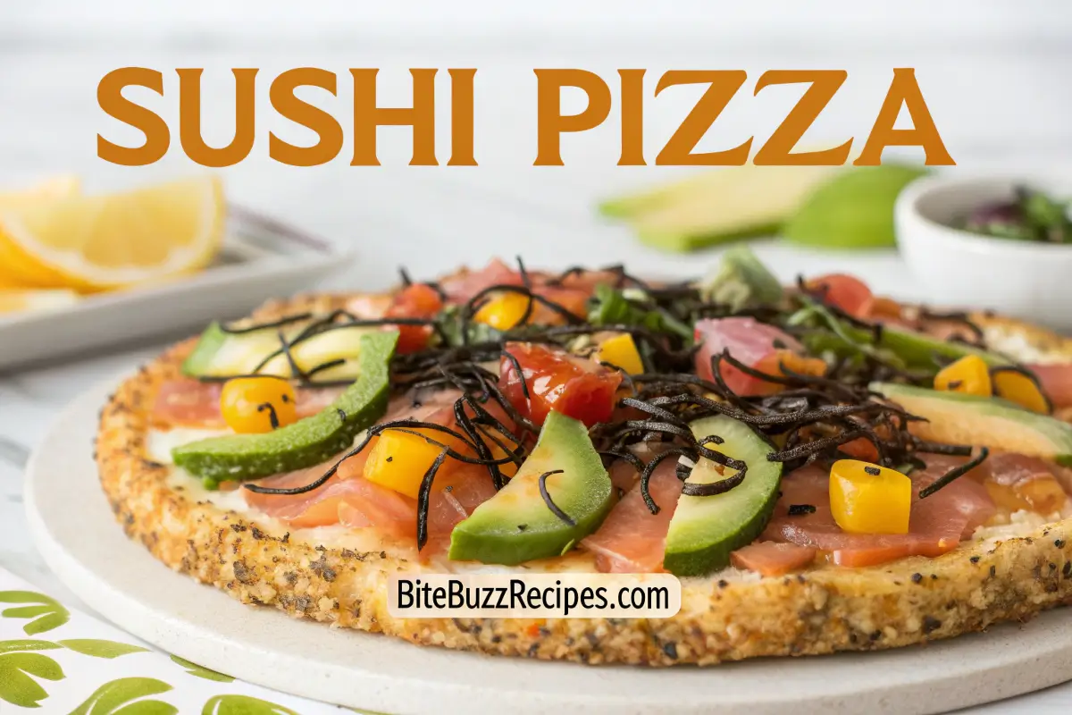 Sushi Pizza Recipe: How to Combine the Best of Sushi and Pizza 1 A delicious fusion dish combining sushi and pizza, featuring a crispy crust topped with fresh sushi ingredients like avocado, salmon, and seaweed.