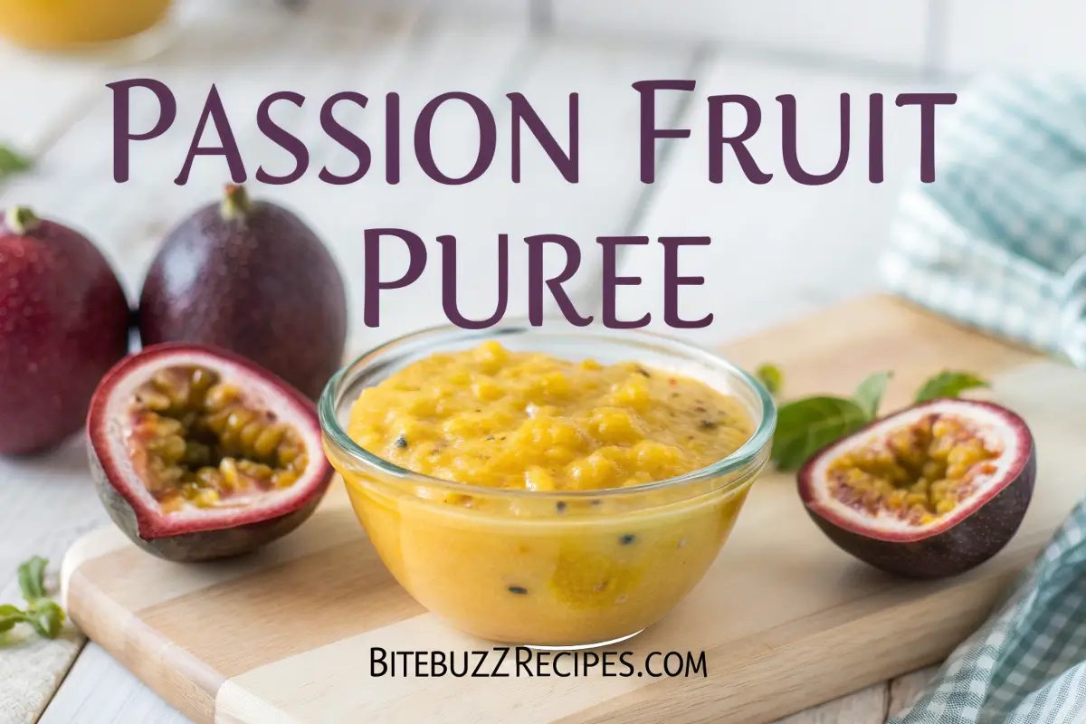 Top 5 Easy Recipes with Passion Fruit Puree You’ll Love 1 A fresh, vibrant passion fruit puree in a glass bowl with whole passion fruits around it, set on a light background.