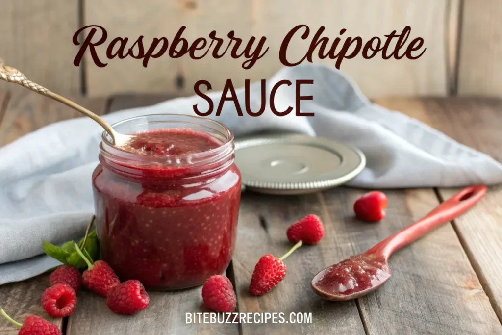 A jar of homemade raspberry chipotle sauce surrounded by fresh raspberries and chipotle peppers on a wooden table, with the title 'Raspberry Chipotle Sauce' at the top and the website 'bitebuzzrecipes.com' at the bottom.