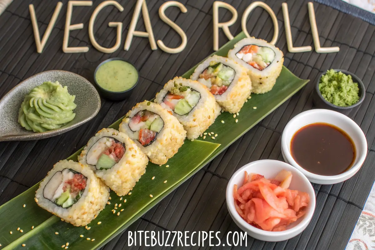 A gourmet Vegas Roll sushi platter topped with golden tempura flakes, creamy avocado, and vibrant crab filling, drizzled with spicy mayo and eel sauce, served with soy sauce, wasabi, and pickled ginger on a dark bamboo mat.