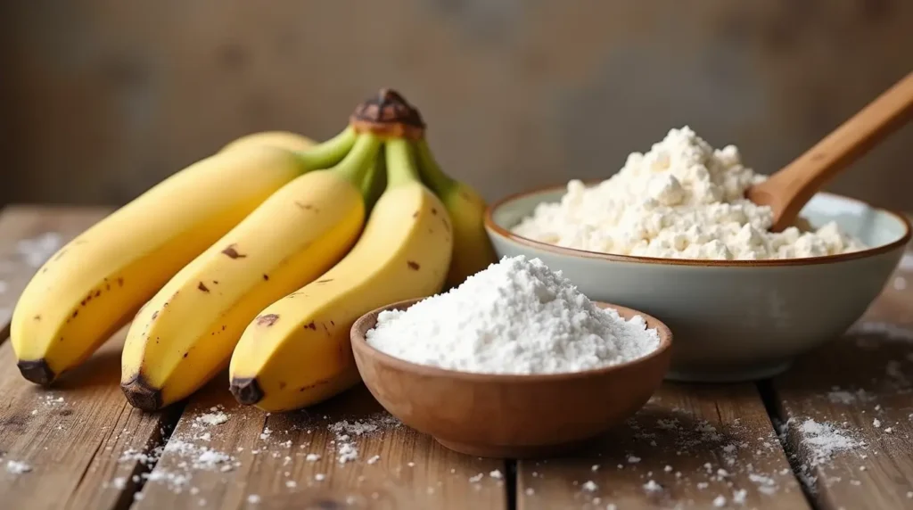 4 Ingredient Banana Bread: Quick, Easy, and Perfect Every Time 2 Ingredients for 4 ingredient banana bread: ripe bananas, all-purpose flour, baking soda, and sugar arranged on a wooden kitchen countertop.
