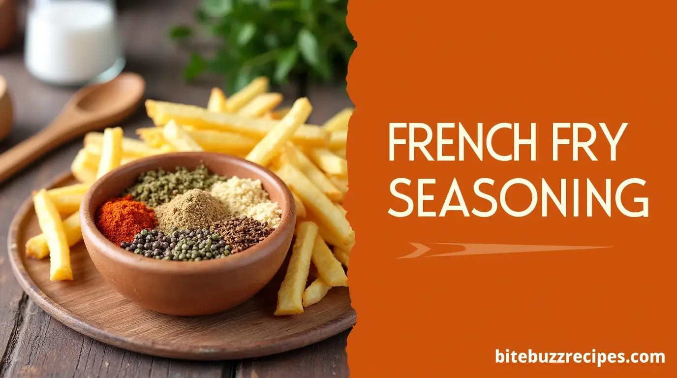 A bowl of French fry seasoning surrounded by crispy fries, with the title 'French Fry Seasoning' at the top and 'bitebuzzrecipes.com' at the bottom.
