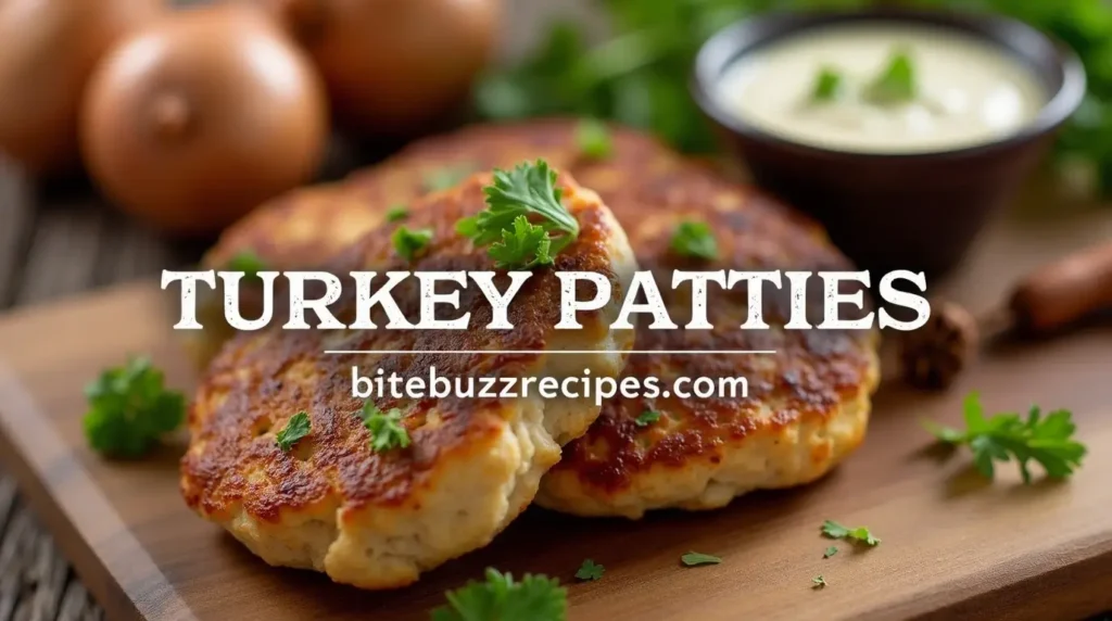 A close-up of golden brown turkey patties garnished with parsley, served on a wooden cutting board with a bowl of dipping sauce.