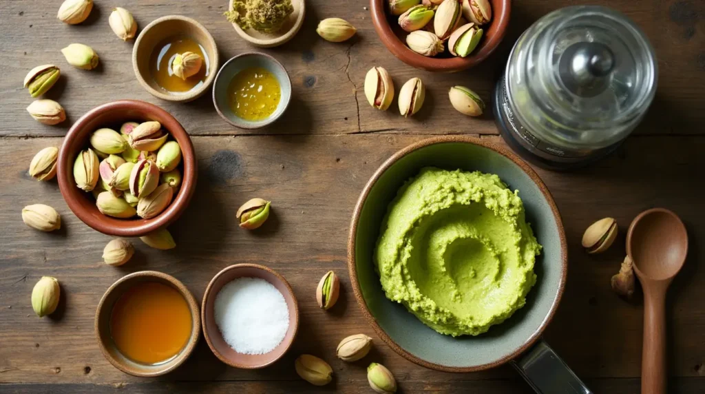 5 Reasons Why Pistachio Butter Should Be Your New Favorite Spread 2 Ingredients for making pistachio butter, including whole and shelled pistachios, honey, salt, and oil, displayed on a rustic wooden table.