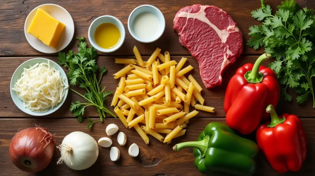 Why Philly Cheesesteak Pasta Recipe Is Perfect for Dinner Tonight 2 Flat-lay of Philly Cheesesteak Pasta ingredients including steak, pasta, bell peppers, onions, garlic, cheese, cream, butter, and olive oil on a rustic wooden surface.