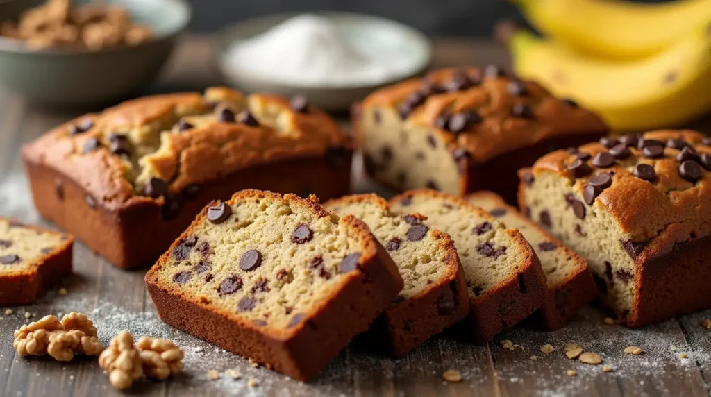 4 Ingredient Banana Bread: Quick, Easy, and Perfect Every Time 4 Variety of 4 ingredient banana bread variations including chocolate chip, walnut, dried fruit, and classic banana bread on a wooden table with bananas and baking ingredients.