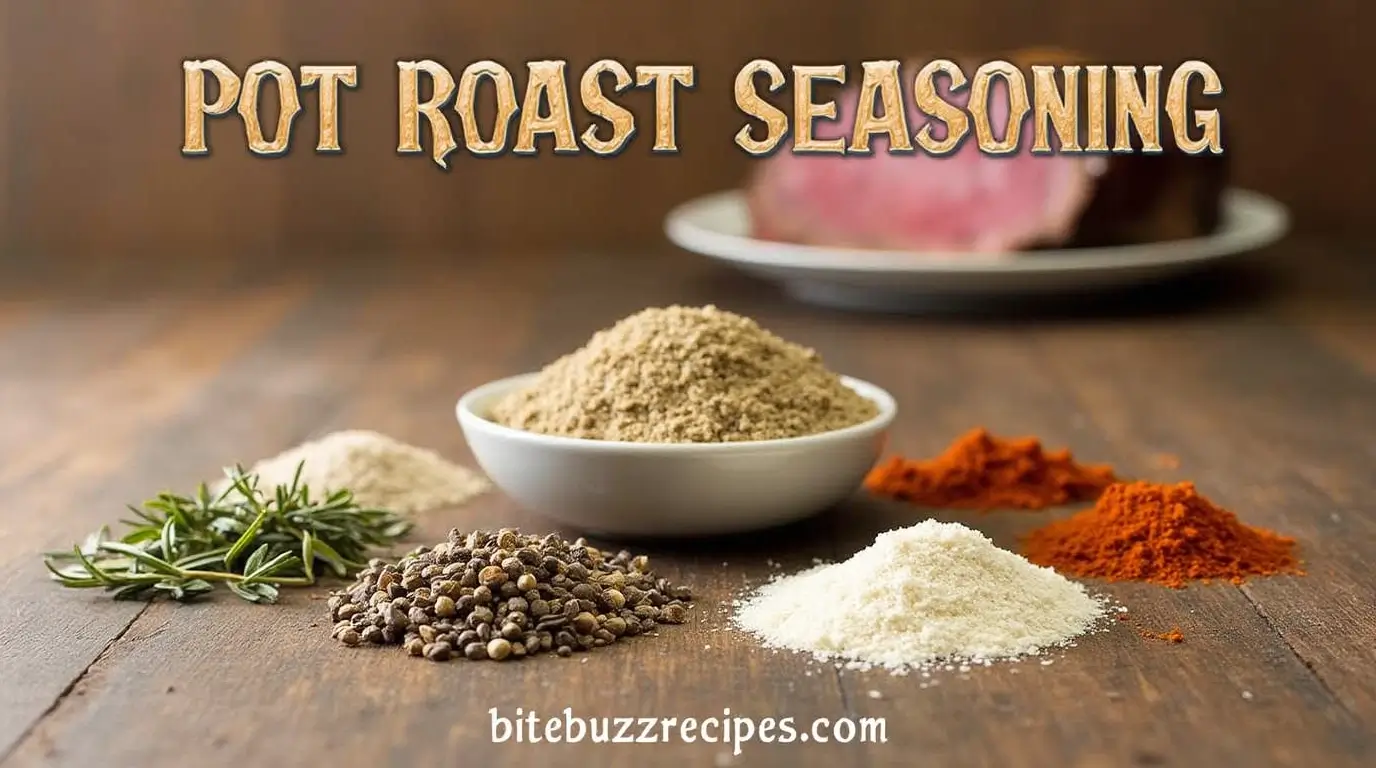 Pot roast seasoning with a variety of spices on a rustic wooden table, including rosemary, garlic powder, and black pepper, with the title 'Pot Roast Seasoning' and website 'bitebuzzrecipes.com' at the top and bottom.