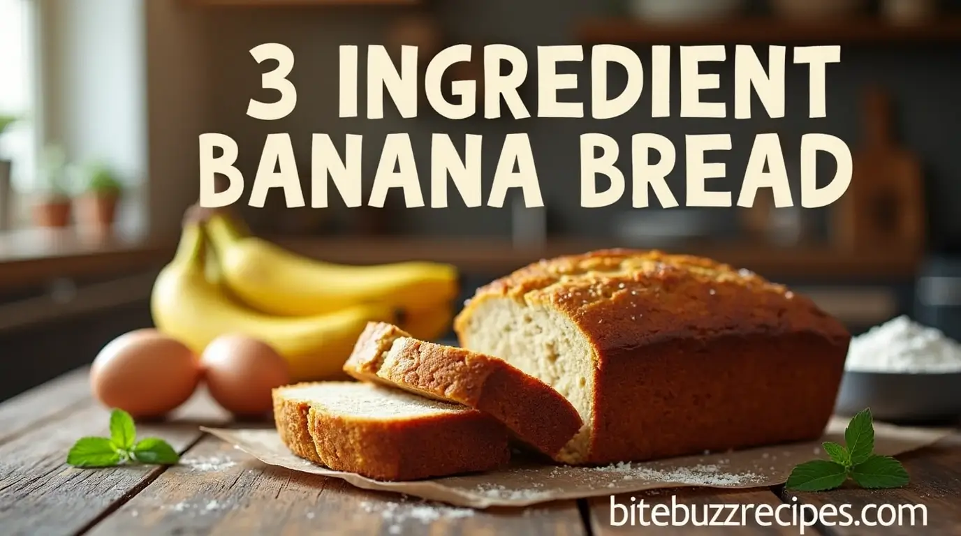 A freshly baked loaf of 3 Ingredient Banana Bread, surrounded by ripe bananas, eggs, and flour, with the title "3 Ingredient Banana Bread" at the top and the website "bitebuzzrecipes.com" at the bottom.