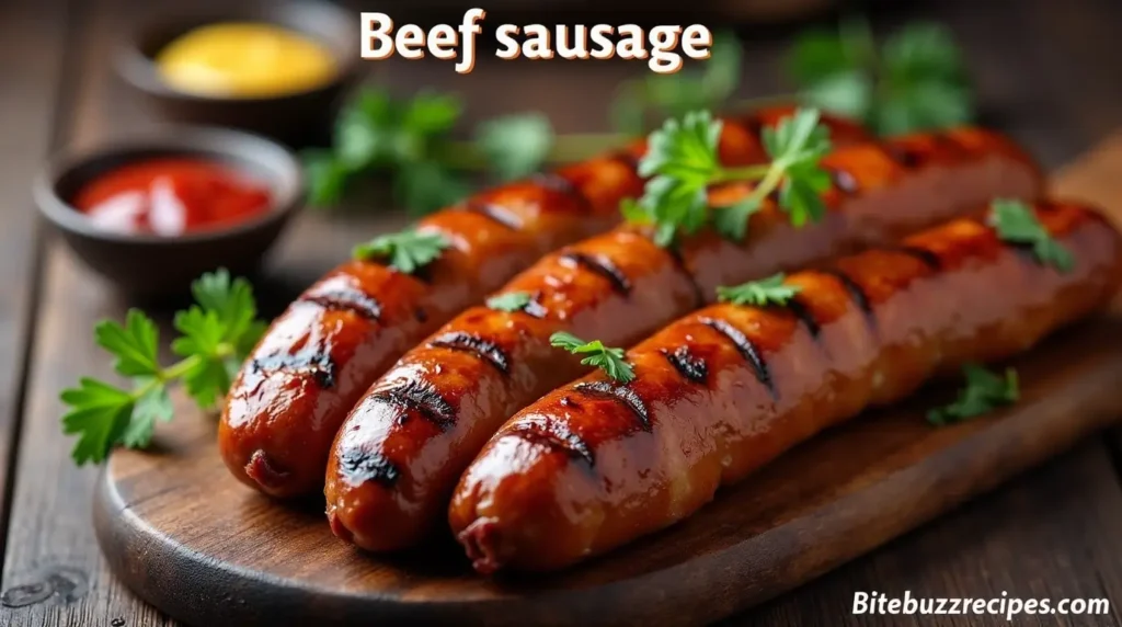 Grilled beef sausage on a wooden platter with mustard and ketchup.