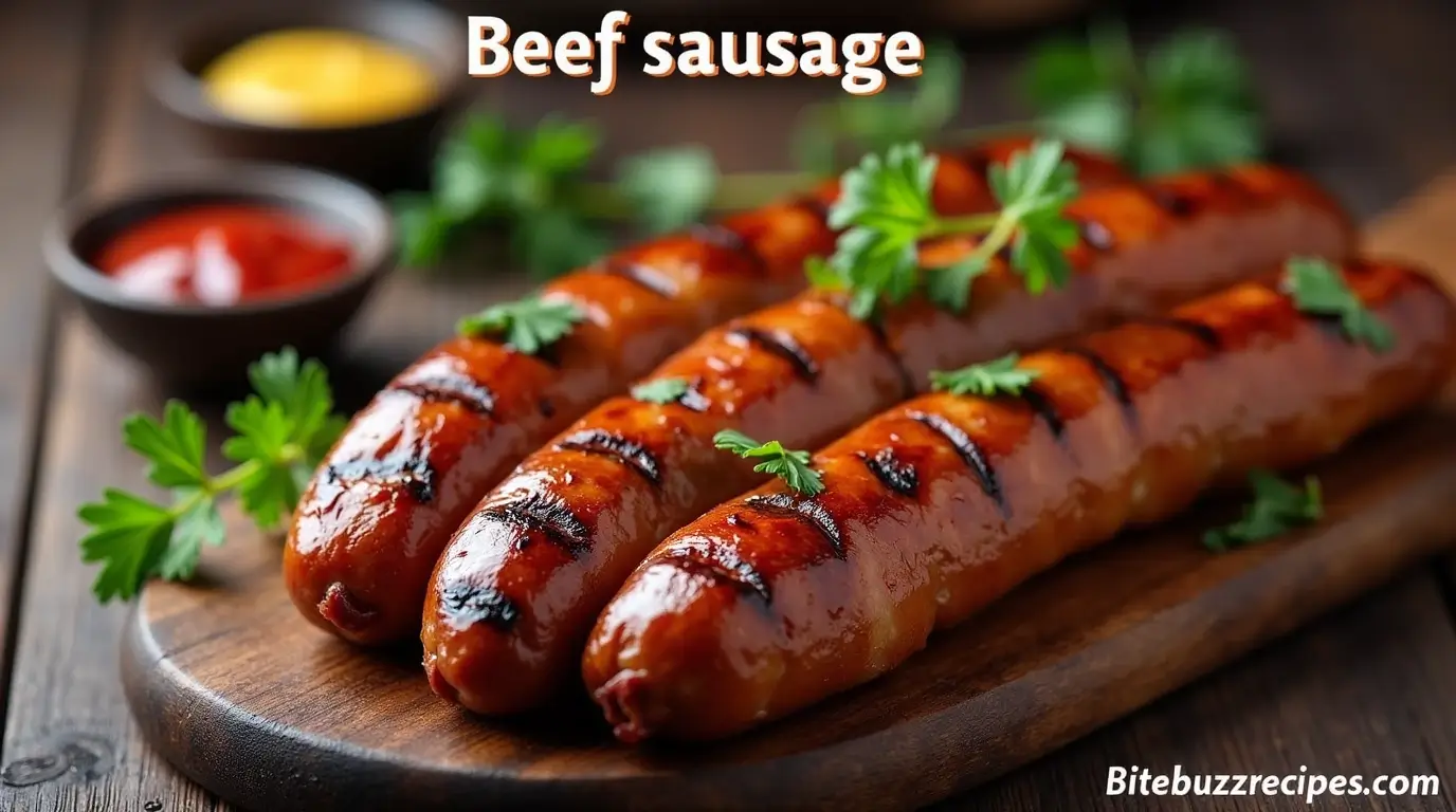 Beef Sausage Recipe: 5 Easy Steps for the Ultimate Dish 1 Grilled beef sausage on a wooden platter with mustard and ketchup.