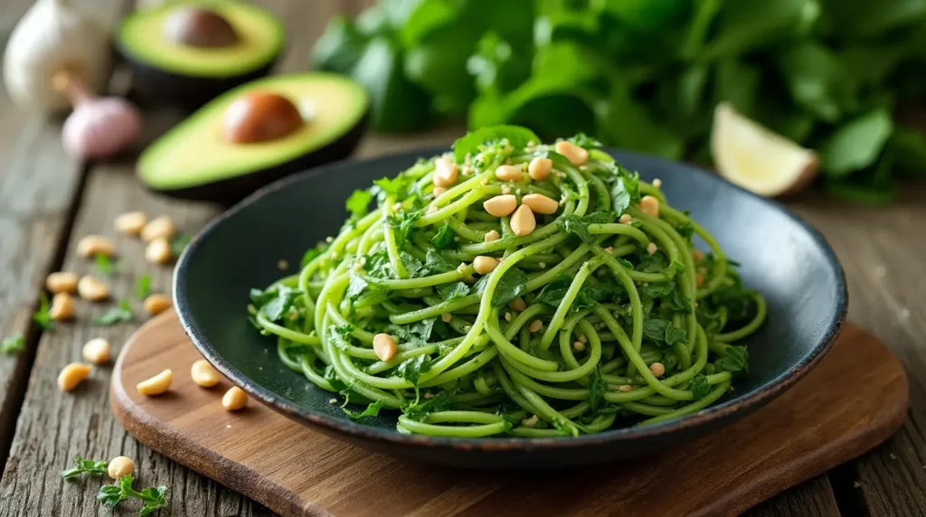 10 Amazing Green Spaghetti Recipes You Need to Try Today 5 An artistic arrangement of fresh ingredients for green spaghetti, including spinach, basil, avocados, garlic, and pine nuts, set on a rustic wooden table.