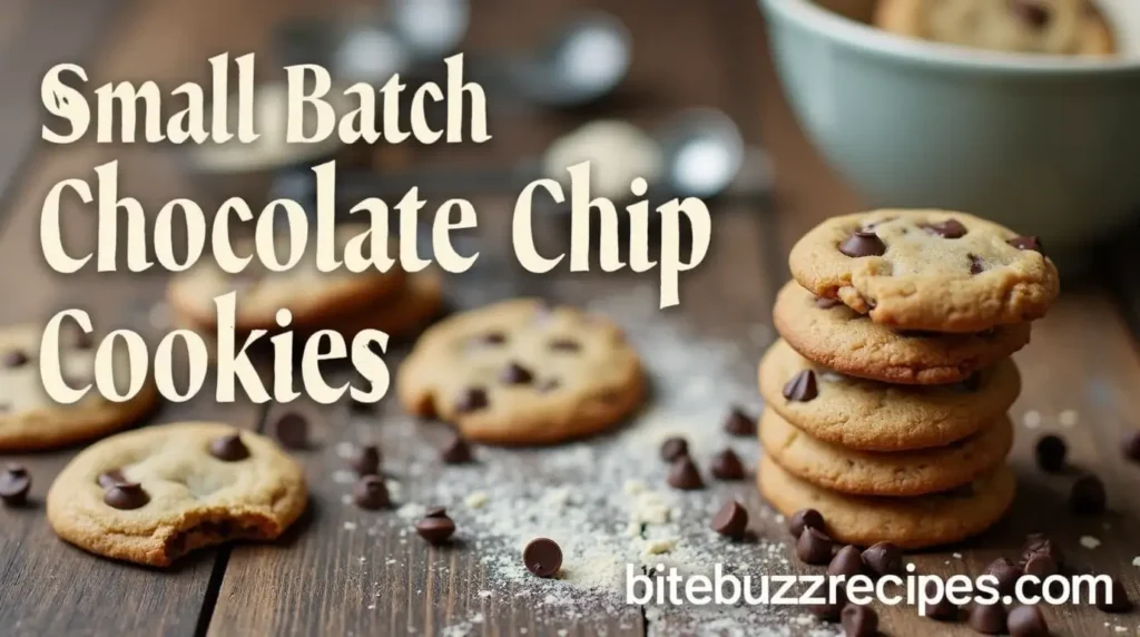 Freshly baked small batch chocolate chip cookies on a wooden surface with chocolate chips and baking tools.